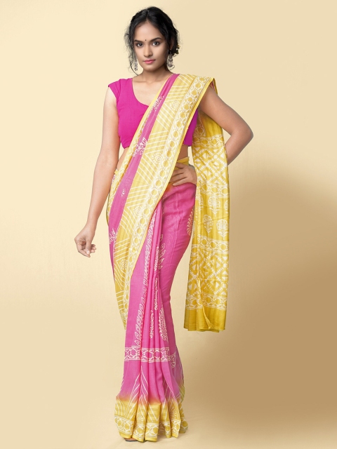 

Unnati Silks Pink & Yellow Ethnic Motifs Handloom Zari Pure Cotton Kota Saree