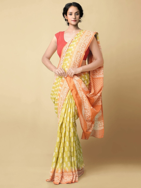 

Unnati Silks Women Green & Orange Pure Preet Block Printed Kota Cotton Sustainable Saree