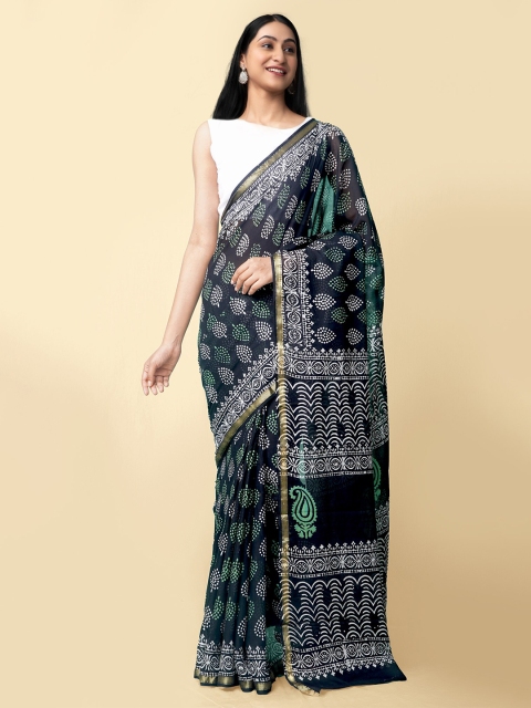 

Unnati Silks Women Black & White Pure Preet Block Printed Mulmul Cotton Saree