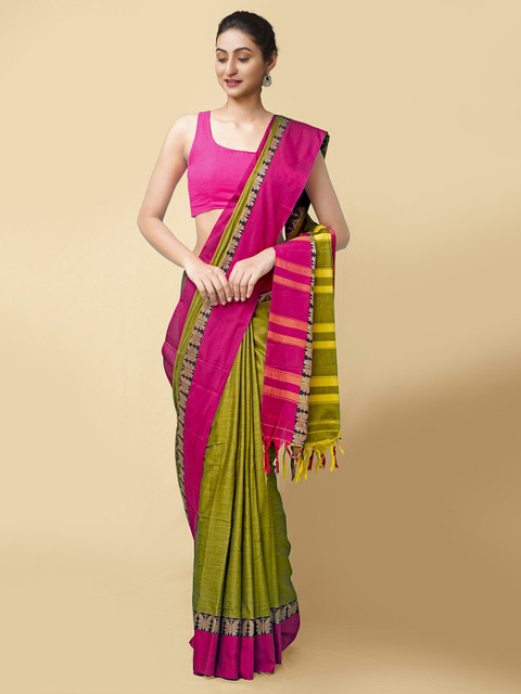 

Unnati Silks Green & Magenta Pink Handloom Pure Cotton Narayan Peth Saree