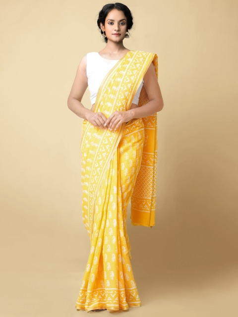 

Unnati Silks Orange & White Floral Printed Handloom Pure Cotton Block Print Saree