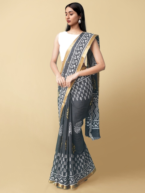 

Unnati Silks Women Black & White Pure Preet Block Printed Kota Cotton Sustainable Saree