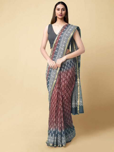 

Unnati Silks Brown & Black Floral Printed Handloom Zari Pure Cotton Block Print Saree