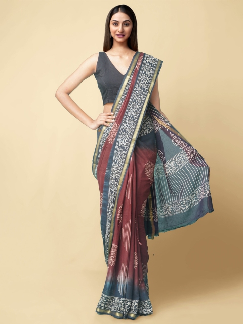 

Unnati Silks Women Brown & Black Pure Preet Block Printed Mulmul Cotton Saree