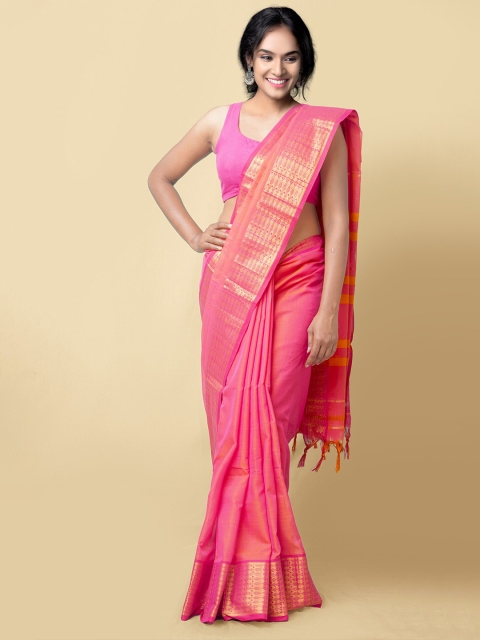

Unnati Silks Pink & Gold-Toned Zari Pure Cotton Sustainable Narayan Peth Saree