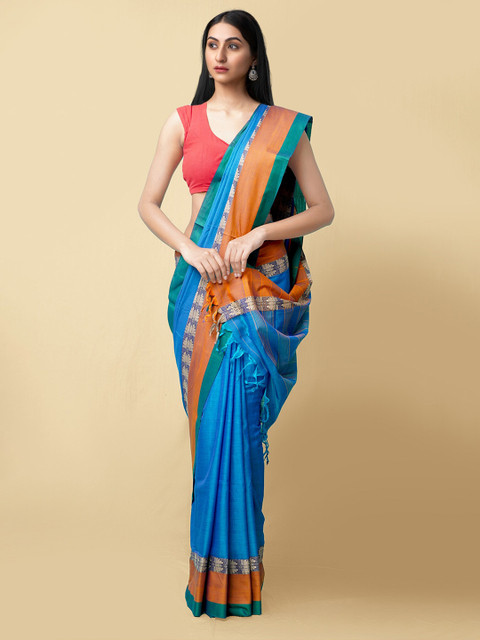 

Unnati Silks Blue & Orange Woven Design Pure Cotton Sustainable Narayan Peth Saree
