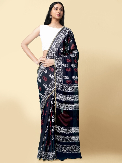 

Unnati Silks Women Black & White Pure Preet Block Printed Mulmul Cotton Saree