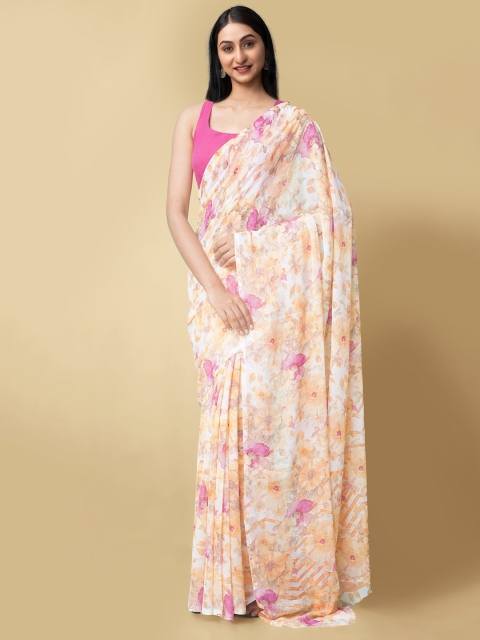 

Unnati Silks White & Pink Floral Sustainable Bhagalpuri Saree