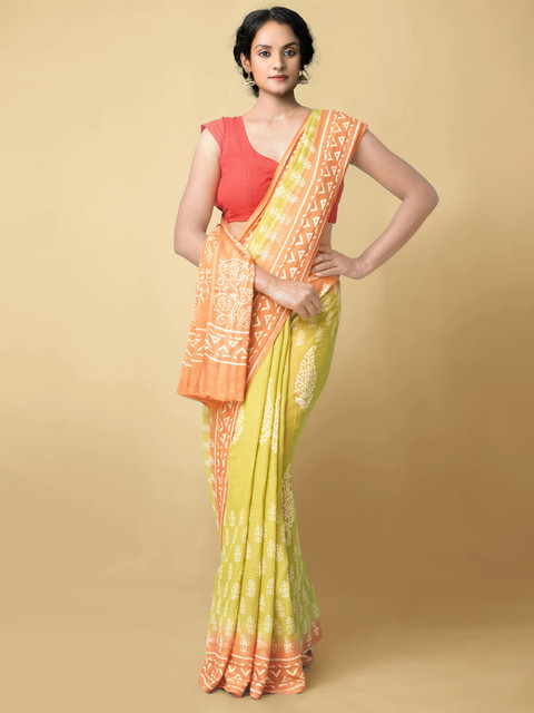 

Unnati Silks Women Green & Orange Pure Preet Block Printed Kota Cotton Saree