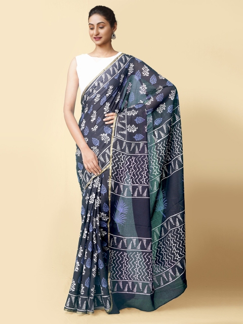 

Unnati Silks Women Black & Blue Pure Preet Block Printed Mulmul Cotton Saree