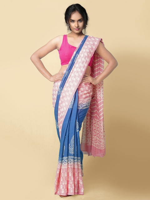 

Unnati Silks Women Blue & Pink Pure Preet Block Printed Kota Cotton Saree