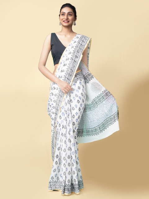 

Unnati Silks Women White & Black Pure Preet Block Printed Mulmul Cotton Saree