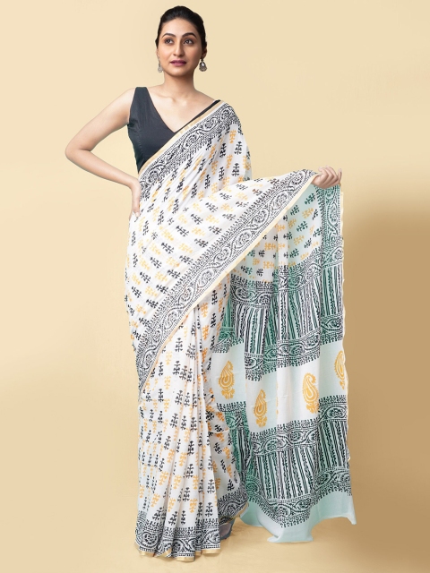 

Unnati Silks Women White & Black Pure Preet Block Printed Mulmul Cotton Saree