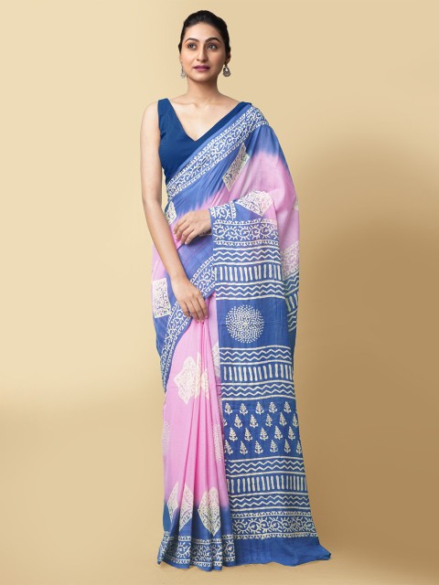 

Unnati Silks Women Pink & Blue Pure Preet Block Printed Kota Cotton Saree