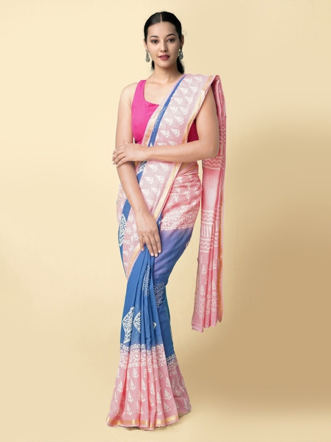 

Unnati Silks Women Blue & Pink Pure Preet Block Printed Mulmul Cotton Saree