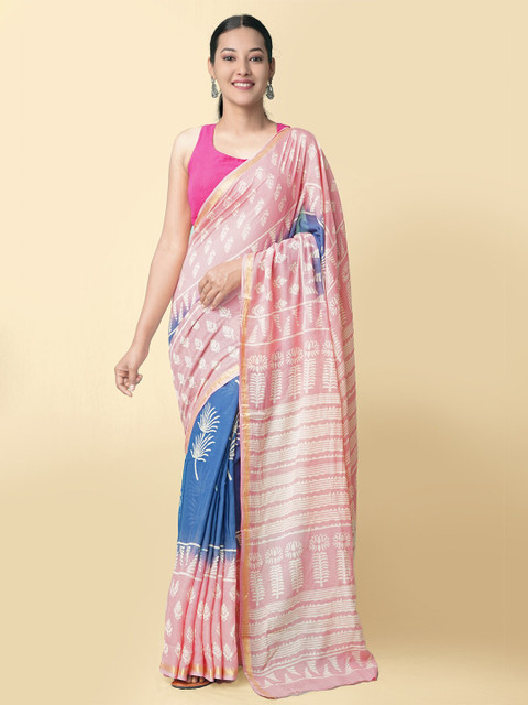 

Unnati Silks Blue & Pink Ethnic Motifs Pure Cotton Sustainable Block Print Saree