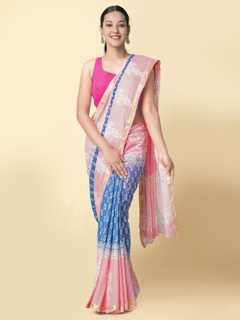 

Unnati Silks Blue & Pink Ethnic Motifs Pure Cotton Sustainable Block Print Saree