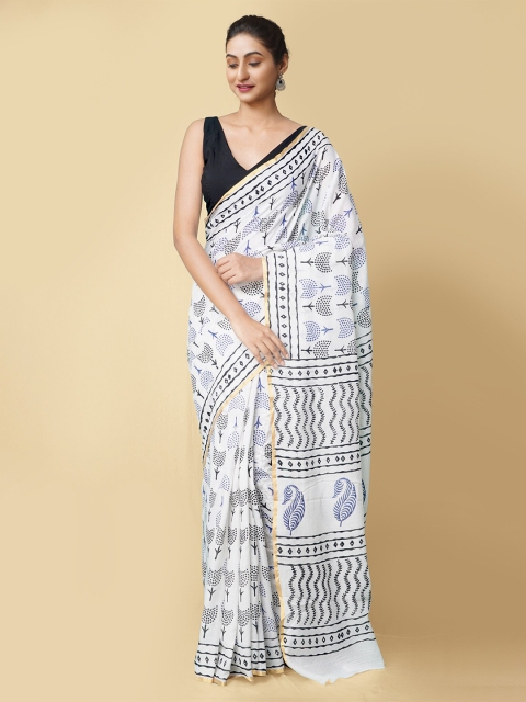 

Unnati Silks Women White & Black Pure Preet Block Printed Mulmul Cotton Saree