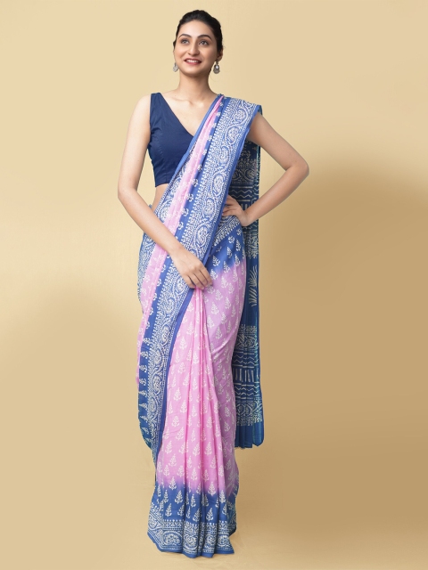 

Unnati Silks Pink & Blue Floral Pure Cotton Sustainable Kota Saree