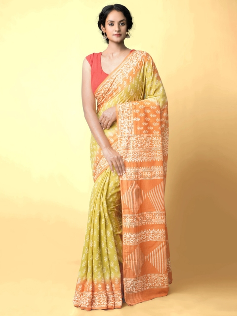 

Unnati Silks Green & Orange Floral Pure Cotton Sustainable Kota Saree