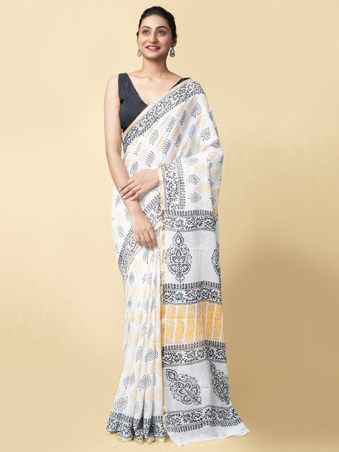 

Unnati Silks Women White & Black Pure Preet Block Printed Mulmul Cotton Saree