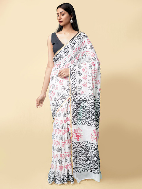 

Unnati Silks Women White & Black Pure Preet Block Printed Mulmul Cotton Saree