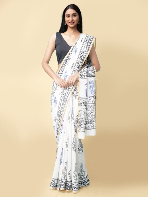 

Unnati Silks Women White & Black Pure Preet Block Printed Mulmul Cotton Saree