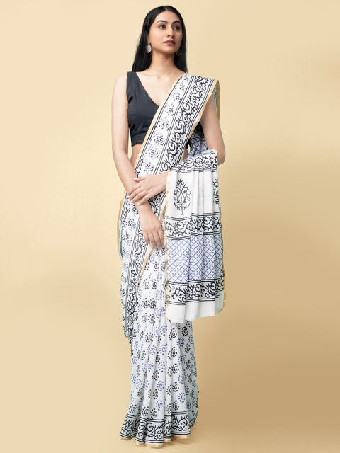 

Unnati Silks Women White & Black Pure Preet Block Printed Mulmul Cotton Saree