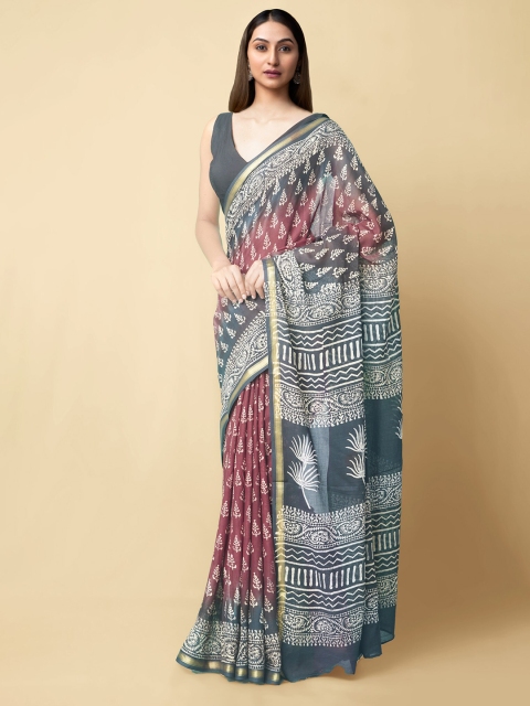 

Unnati Silks Brown & Grey Pure Cotton Sustainable Block Print Saree