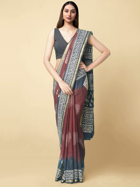 

Unnati Silks Brown & Blue Pure Cotton Sustainable Block Print Saree