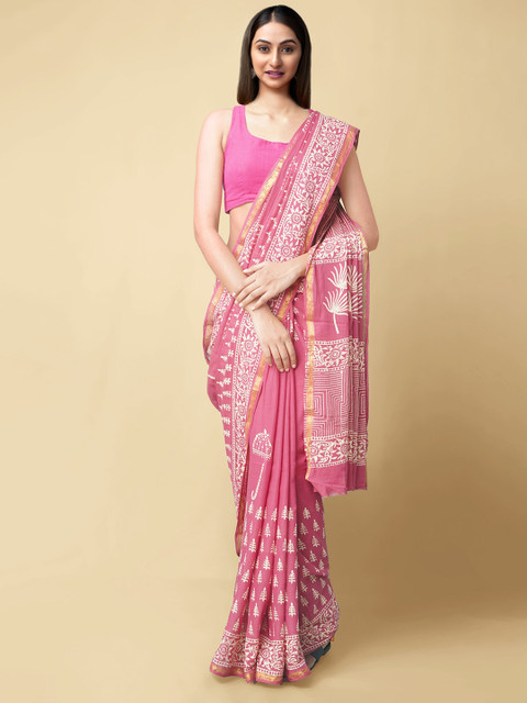 

Unnati Silks Pink & White Zari Pure CottonSustainable Block Print Saree