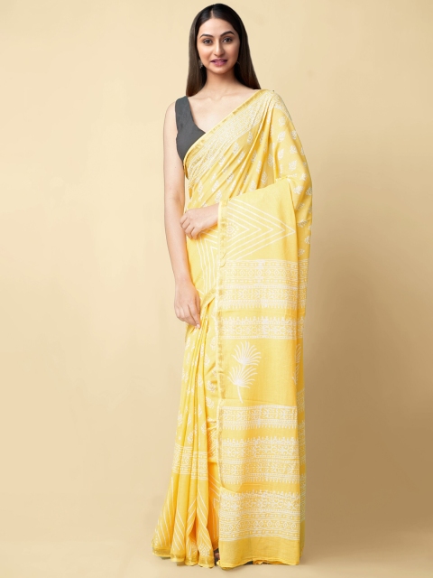 

Unnati Silks Women Yellow & White Pure Preet Block Printed Mulmul Cotton Saree