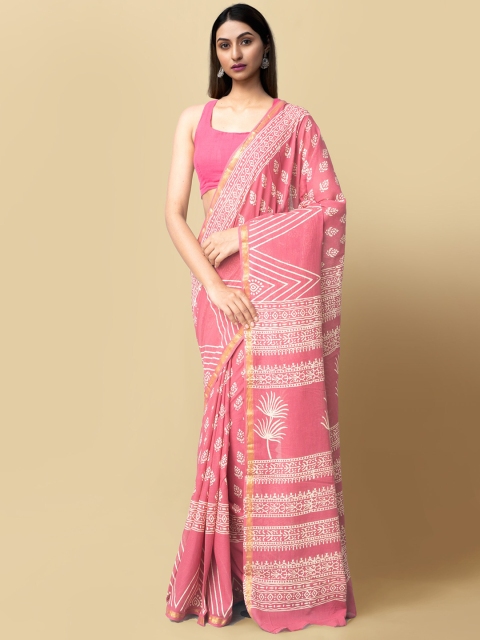 

Unnati Silks Pink & White Pure Cotton Sustainable Block Print Saree
