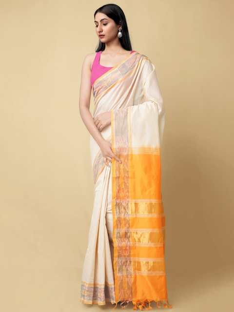 

Unnati Silks Cream-Coloured & Yellow Woven Design Silk Cotton Sustainable Uppada Saree