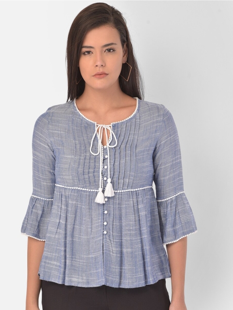 

Latin Quarters Blue Striped Tie-Up Neck A-Line Top
