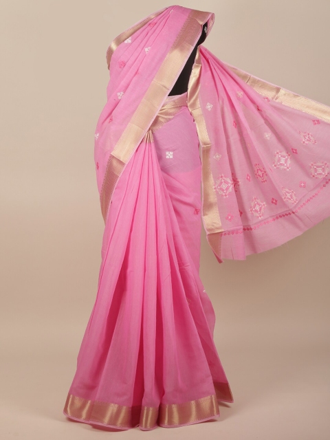 

Pothys Pink & White Floral Embroidered Saree