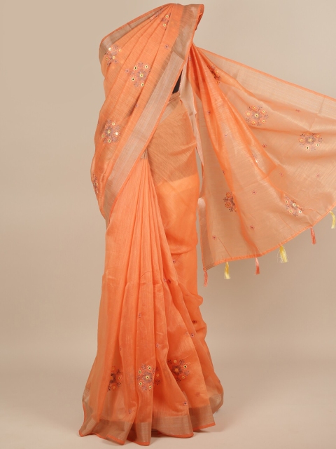 

Pothys Orange & Pink Floral Embroidered Mirror Work Saree