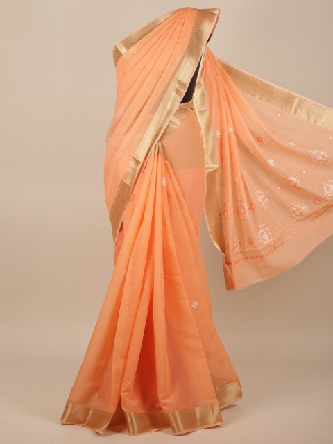 

Pothys Peach-Coloured & White Floral Embroidered Saree