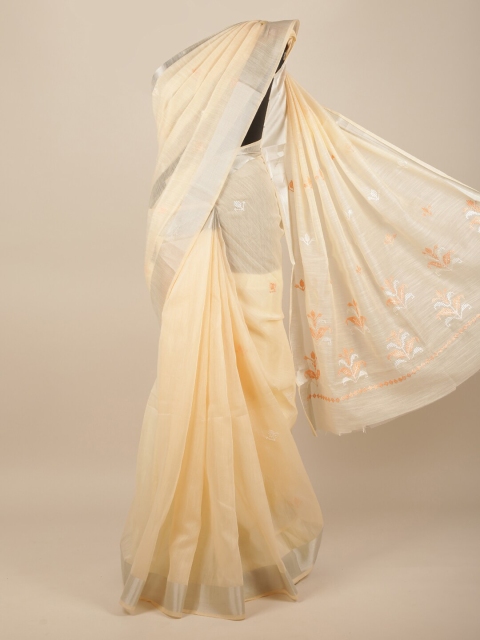 

Pothys Cream-Coloured & Orange Floral Embroidered Saree