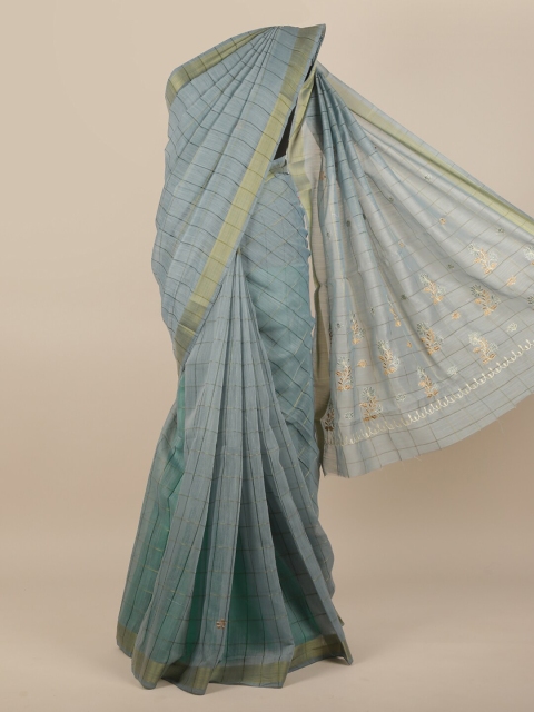

Pothys Blue & Gold-Toned Checked Embroidered Saree