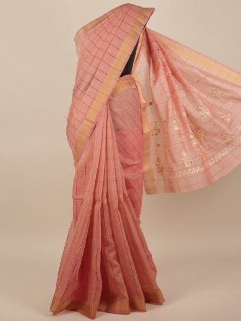 

Pothys Pink & Gold-Toned Checked Embroidered Saree