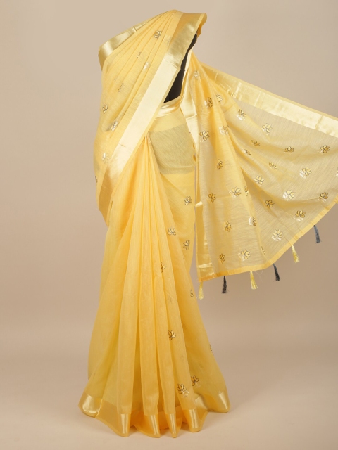 

Pothys Yellow & Gold-Toned Floral Embroidered Saree