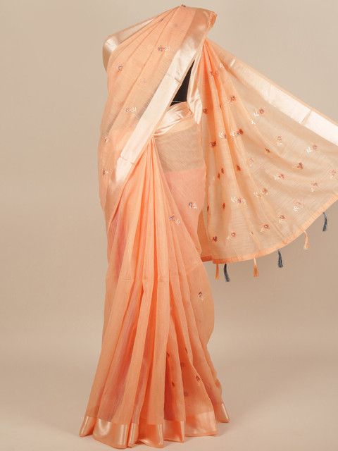 

Pothys Peach-Coloured & Grey Floral Embroidered Saree
