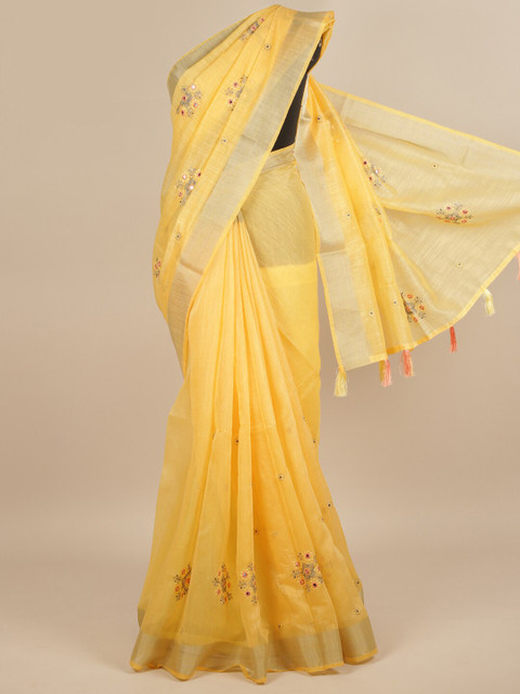 

Pothys Yellow & Grey Floral Embroidered Mirror Work Saree