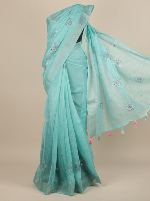 

Pothys Blue Floral Embroidered Mirror Work Saree