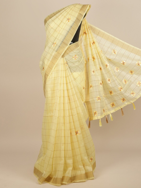 

Pothys Yellow & Gold-Toned Checked Embroidered Saree