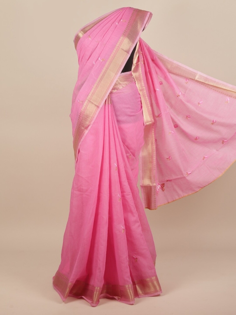 

Pothys Pink & Gold-Toned Floral Embroidered Saree