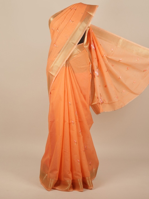 

Pothys Orange & Pink Floral Embroidered Saree