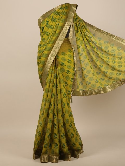 

Pothys Lime Green & Gold-Coloured Ethnic Motifs Printed Beads and Stones Saree