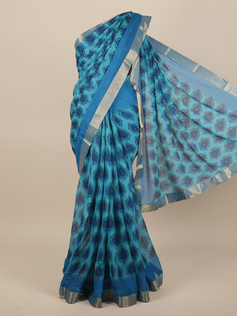 

Pothys Blue & Gold-Coloured Ethnic Motifs Printed Beads and Stones Saree